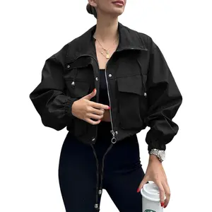Womens Cropped Jacket Zip Up Lightweight Oversized Utility Anorak Coat with Pockets