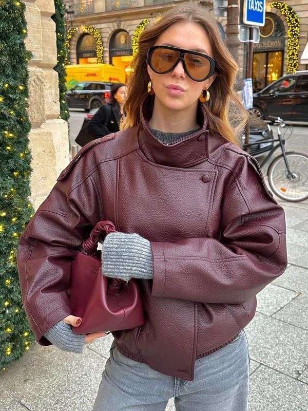 2026 Women's Black PU Leather Jacket, Oversize Asymmetrical Outerwear with Zipper, Long Sleeve Street Style Biker Jacket for Autumn