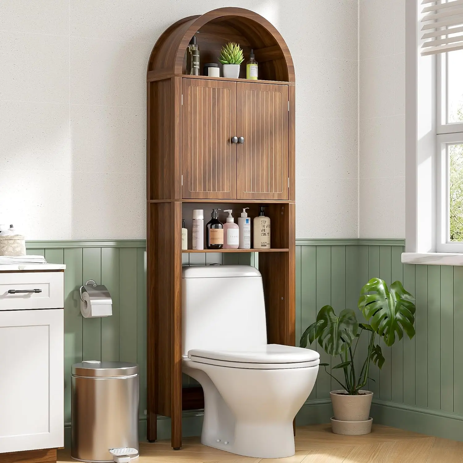 4-Tier Mid-Century Modern Slim Narrow Arched Over-The-Toilet Cabinet - Fluted Doors, Adjustable Shelf, Wood-Paneled Multi-Compartment Unit, Sturdy Small Space Furniture, Adjustable Storage Bathroom Furniture, Home Decor, Bathroom Upgrade, Furniture For Sm