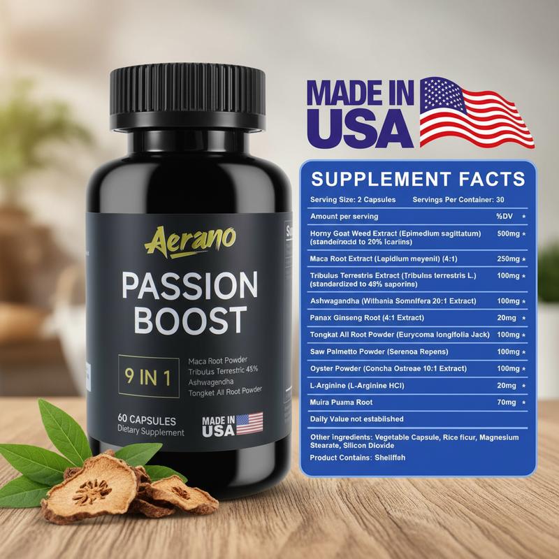 6 Bottles of Aerano Passion Boost 9 in 1 Capsules - Ginseng Ashwagandha Ginkgo & Tribulus Herbal Supplement for Energy Stamina & Brain Health Made in USA GMP Certified HACCP Compliant Lab Tested