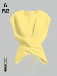Classic Versatile Sleeveless Top, Cross Strap Waist Cinch, Asymmetrical Hem, Round Neck, Adjustable Drawstring, Loose Fit, Casual Style