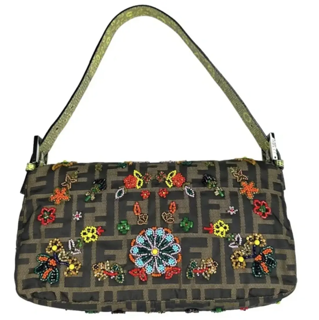 Pre-owned FENDI Lizard Canvas Shoulder Bags Zucca Baguette Lime