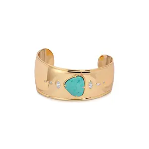 Ettika Turquoise Solstice Thick Cuff - 18K Gold Plated, Brass, Reconstituted Turquoise, Adjustable, Versatile Wear, Elegant Design for Everyday Casual Style