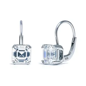 Solitaire 4ct Asscher CZ Leverback Earrings in Sterling Silver