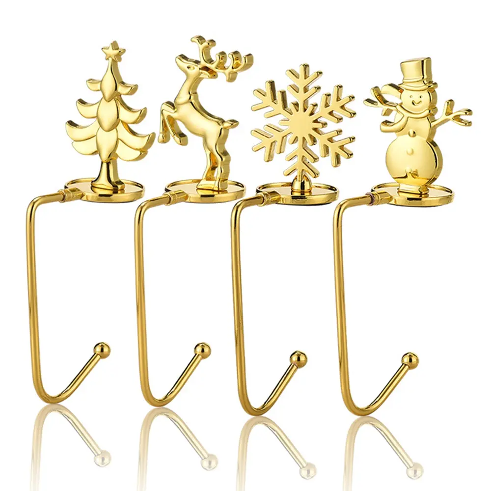 4Pcs Christmas Stocking Holders Hanger Tree Reindeer Snowflake Snowman Shaped Christmas Hooks for Fireplace