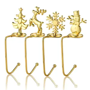 4Pcs Christmas Stocking Holders Hanger Tree Reindeer Snowflake Snowman Shaped Christmas Hooks for Fireplace