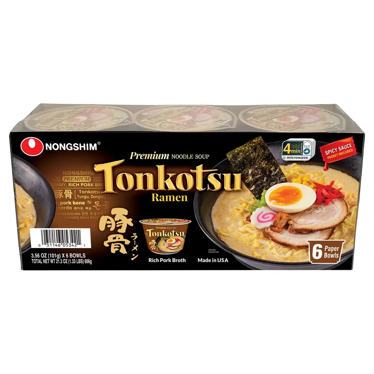 Nongshim Tonkotsu Ramen Bowl with Rich Pork Broth and Spicy Sauce, 6-Pack, 3.56 oz - Food, Instant