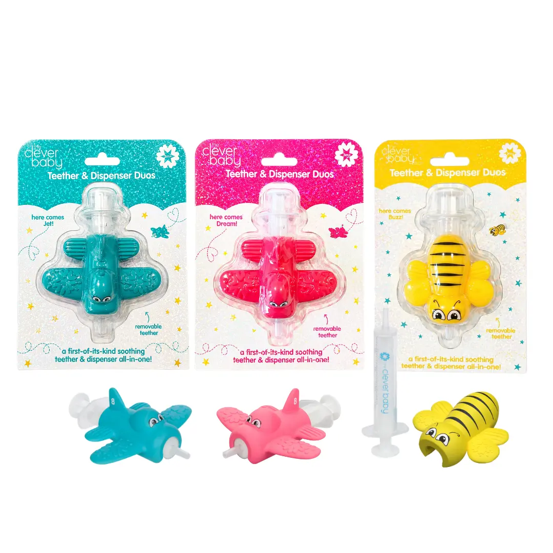 The Clever Baby Teether & Medicine Dispenser Trio – Jet, Dream & Buzz | 3-Pack Baby Teethers for Teething Relief