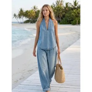Women's 2-Piece Plus Size Loose Lounge Set - Quarter-Zip Round Neck Half-Sleeve/Sleeveless Pullover Top, Wide Leg Pants, Lady's Casual Solid Minimalist Basic 2026 Summer Women's Clothes 2 Piece Sets
