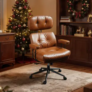 POUUIN Oversized Mid-Century Modern Office Chair with Full-Body Ergonomic Support, Thickened Cloudy-like Cushion, Ultra-Soft PU/Suede Leather, Extra Wide Comfy Executive Chair, Computer Desk Swivel Task Chair with 360° Wheels, Perfect for Plus Size Users