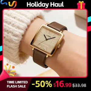 LIEBIG Retro Square Women's Watch 3ATM Waterproof Metal Dial Brown New Year Gift Quartz Watch with Leather Strap & Tempered Glass Mirror Casual Trendy Wristwatch