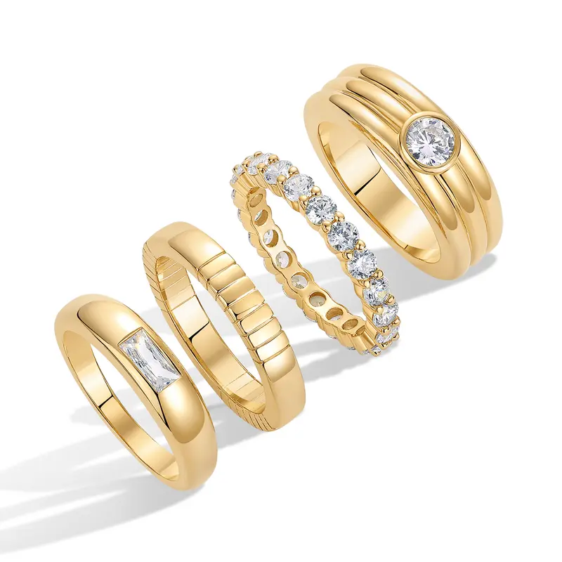 PAVOI 14K Gold Plated Stackable Rings for Women - Dainty Pack of Four Stackable Gold Ring with Cubic Zirconia - Multi-Bands Trendy Jewelry Set