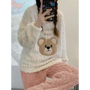 New Autumn–Winter women’s fleece pajama set featuring cute letter bear embroidery, long-sleeve pants, jacquard knit homewear, pajama pattern, nightwear loungewear set