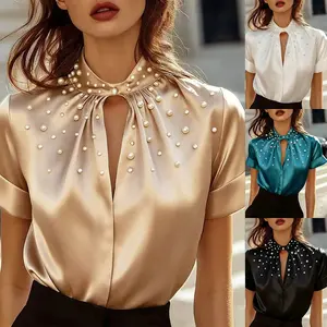 2026 women's hot fashion temperament pearl decoration hollow short sleeved satin top shirt