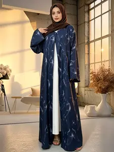 Geometric Butterfly Print Abaya, Elegant Long Dress, Slim-Fitting, All Seasons, Hijab Fashion, Modest Wear, Polyester Material