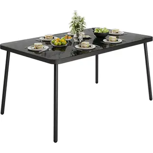 59'' Outdoor Dining Table, Tempered Glass Desktop, Rectangular Patio Dining Table for 4-6 Person, Weather-Resistant Dining Table for Porch, Balcony, Backyard, Poolside, Black