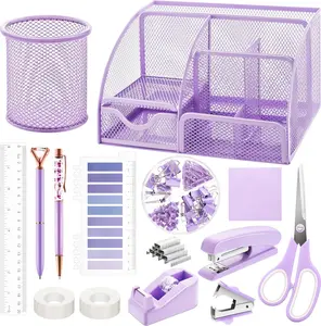 15 count Purple Office Supplies Set Mesh Desk Organizer Accessories Kit Include Stapler Tape Dispenser Staple Remover Clips Ruler  Sticky Notes for Office School  Women (Purple)