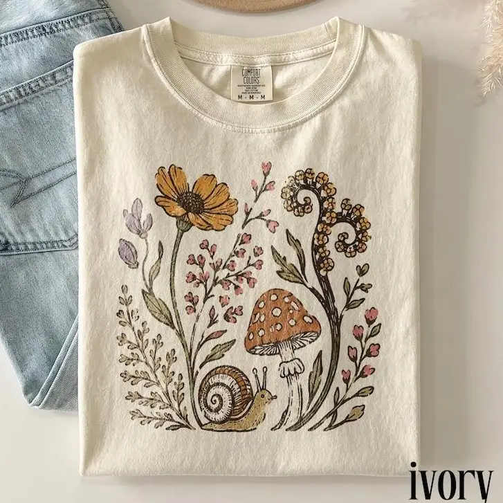 Comfort Colors Vintage Snail Mushroom Graphic Tee, Woodland Botanical Nature T-Shirt, Retro Cottagecore Forest Top, Nature Gift Tee