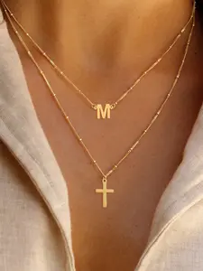 Women's Stainless Steel Bead Chain Necklace Set, Casual Letter Cross Pendant Design, Multi-Layered Jewelry for All Seasons