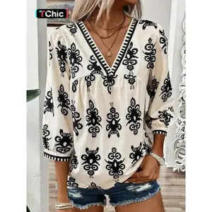 Women's Ethnic Pattern V Neck Blouse, Boho Casual 3/4 Sleeve Top for Spring & Fall, Women's Clothing for Daily Wear, Womenswear, Boho Clothes Women（gift） Fitted Aesthetic