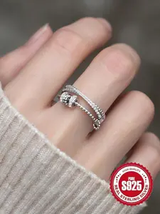 925 Sterling Silver Fashionable Rotating Bead Design Ring, Artificial Gemstone Decorated Ring, Trendy All-match & Exquisite Jewelry for Birthday Gift