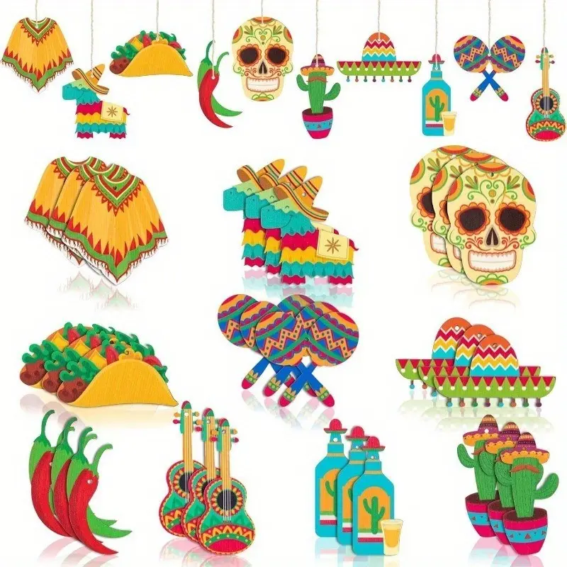10 Piece Mexican Carnival Wooden Decorations, Mexico Theme Holiday Party Decor, Festive Wood Ornaments for Celebrations