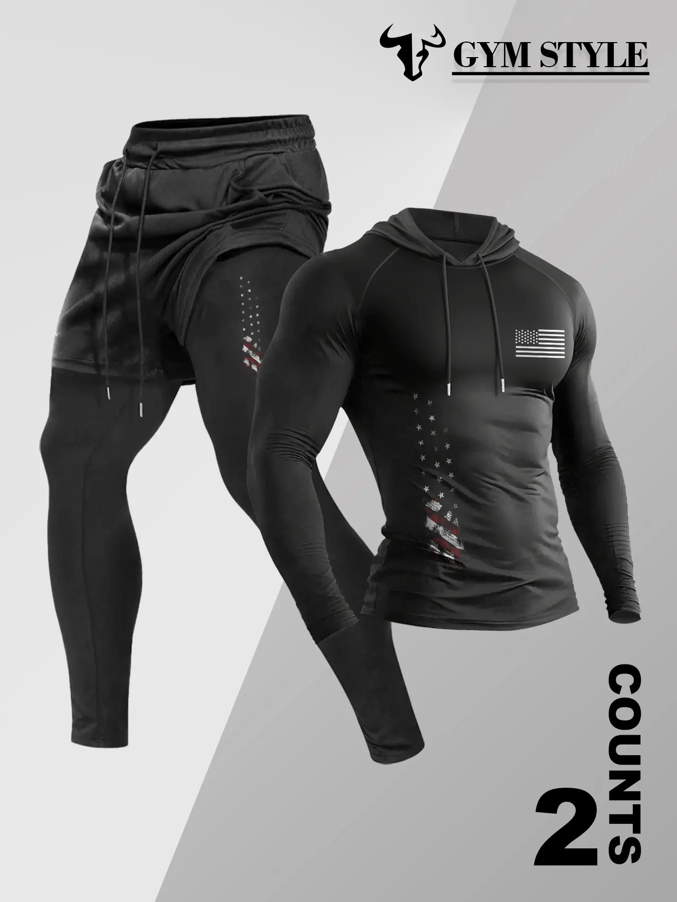 Men's Gym Hooded Long Sleeve T-Shirt + Faux Two-Piece Pants Set, Athletic Activewear Tracksuits, Streetwear Tracksuit Set, Casual Fall & Winter, Moderate Fabric, Fitted Style, Fitness Outfits, Workout Sets