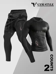 Men's Gym Hooded Long Sleeve T-Shirt + Faux Two-Piece Pants Set, Athletic Activewear Tracksuits, Casual Fall & Winter, Moderate Fabric, Fitted Style