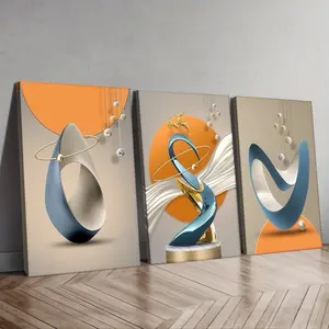 3pc-Modern Wall Art, Abstract Geometric Sculpture Poster Set, Minimalist Luxury Style Printing, Orange And Blue Canvas Decoration, Living Room & Bedroom Aesthetic, Perfect Housewarming Gift, Unframed.