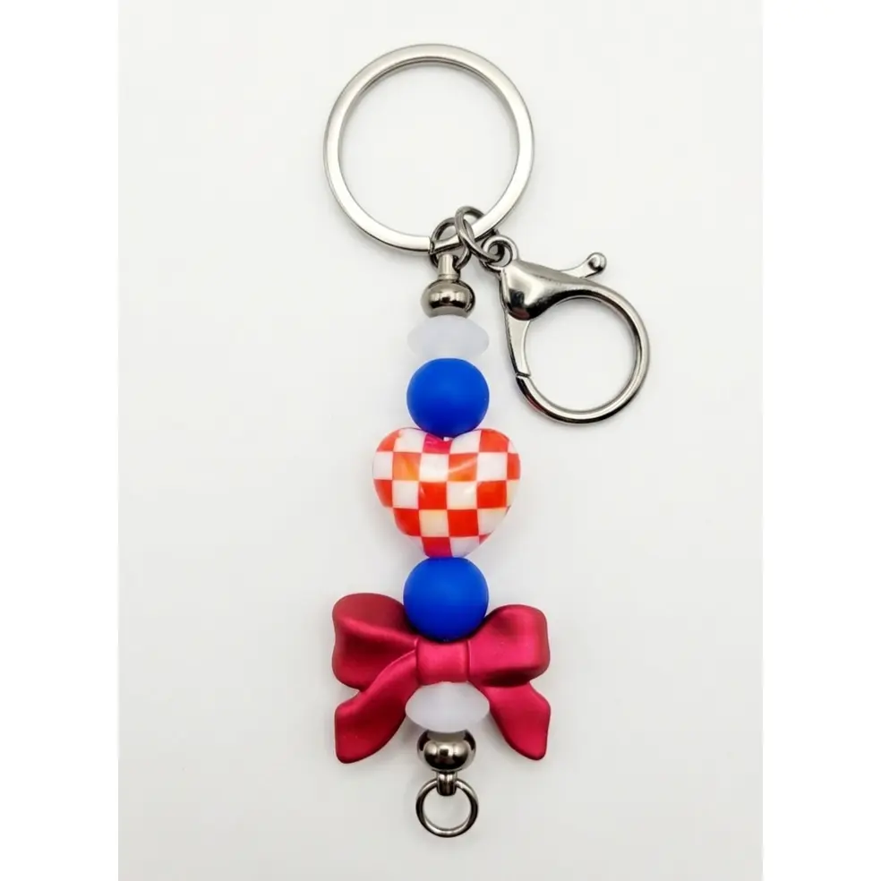 Red & Blue Checkerboard Heart & Bow Beaded Keychain Bag Charm