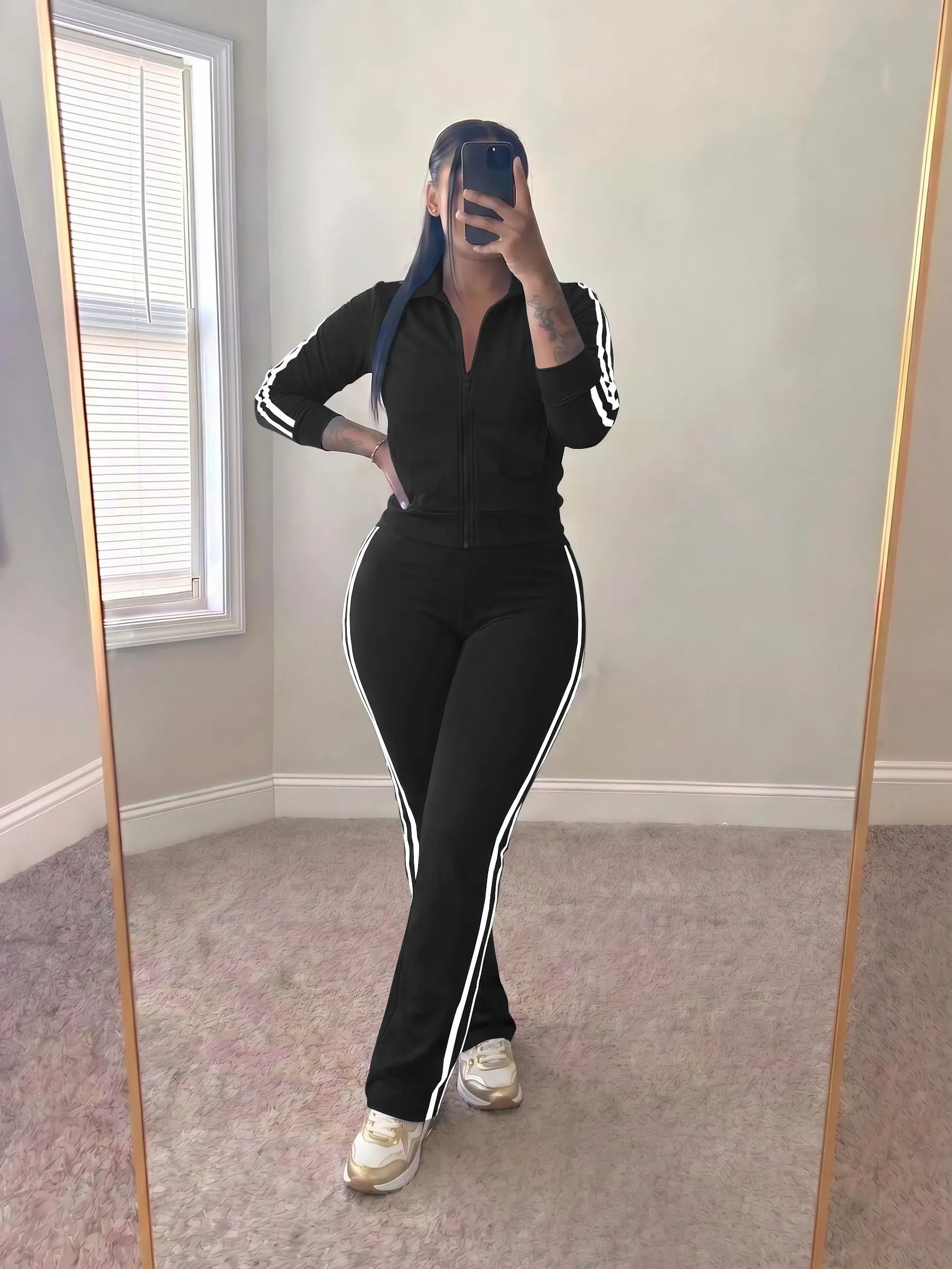 USBOUTIQUE CHIC Women's Classic 2-Stripe Tracksuit, Full Zip Stand Collar Jacket + High Waist Flare Leg Pants Casual Sport Co-Ord