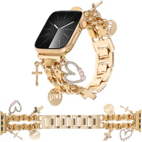 Stylish Metal Bands Compatible for Apple Watch Band 49/46/45/44/42mm 41/40/38mm Women,Cuban Chain Band with Cute Pendants Love Cross Charms Strap for iWatch Series 10 9 8 7 6 5 4 3 2 SE Ultra 2