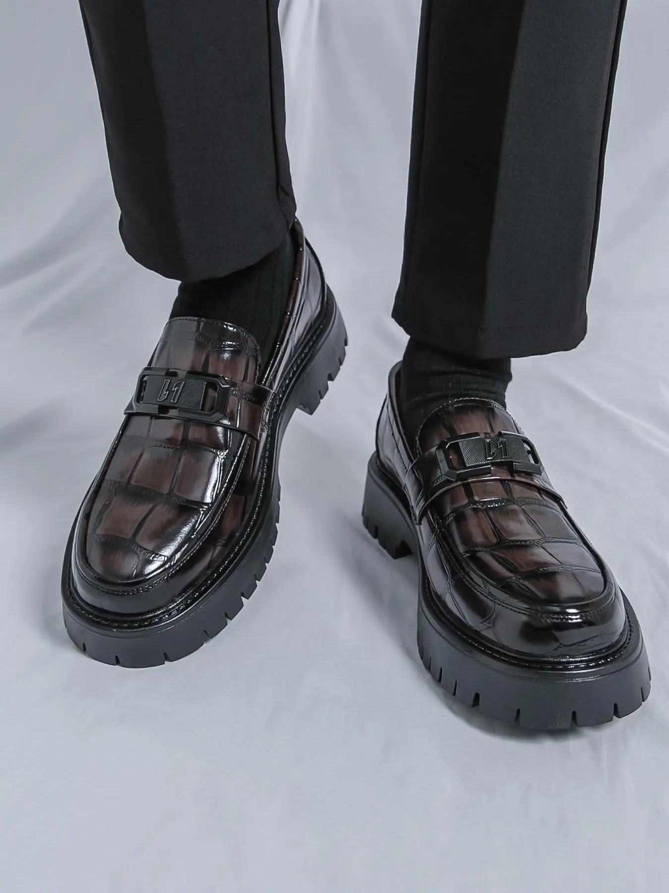 Men's Fashionable Crocodile Embossed Loafers, Casual Comfortable Platform Loafers for Daily Wear, Stylish All-match Shoes for Men, Boy