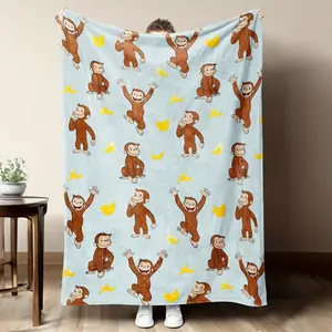 Curious George Monkey Blanket & Banana Pattern Cozy Warm Light Blue Cartoon Design for Sofa Bed or Office Perfect Gift for Friends Family Cute Throw Blanket