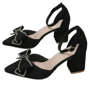 Elegant Women's Sparkly Bow Heeled Sandals, Closed Toe Block Heels for Bridesmaid & Prom