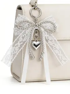 Korean Style Lace Bow Pearl Beaded Heart Keychain, Cute Car Bag Key Ring Charm, All Seasons Accessory, Keychain Bag Pendant, Keychain For Bags, Fashionable Alloy Keychain