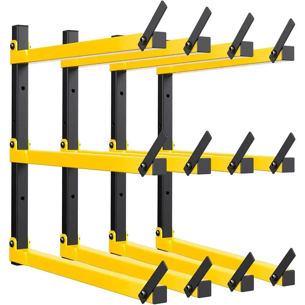 Lumber Storage Rack Folding Wood Storage Racks Wall-Mounted Metal Racks for Storage With 3-Level Heavy Duty Garage Wood Organizer For Woodworking Shop Indoor & Outdoor Use, 4 Pairs,Yellow