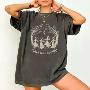 Girls Will Be Girls Witches Graphic Tee Dancing Under Moon Night Forest Print Design Vintage Aesthetic Streetwear Charcoal Oversized T-shirt for Women Soft Breathable Loose Fit Short Sleeve Top for Daily Wear Party Halloween Gift Idea Cozy Casual Look