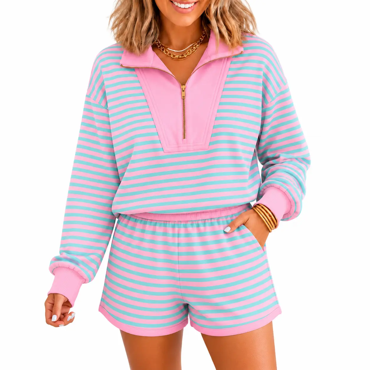 Women's 2-Piece Loungewear Set, Casual Pink & Mint Striped Longsleeve Quarter-Zip Pullover, Elastic Waist Pocketed Shorts, Loose-Fit Womenswear, Longsleeves