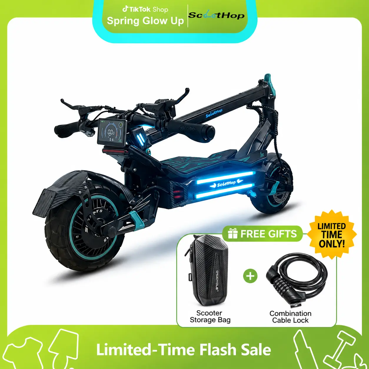 SCOOTHOP BE-3 Adult Folding Commuter Electric Scooter, Off-Road Capable with 8000W Dual Motors, 44 MPH Top Speed & 50 mi Long Range, 10" Pneumatic Tires, Folding Commuter Scooter, Motorized Scooters