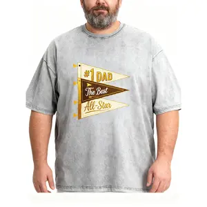 Men's Plus Size #1 Dad All-Star Pennant Print Washed T-Shirt, Sports Style Father's Day Tee