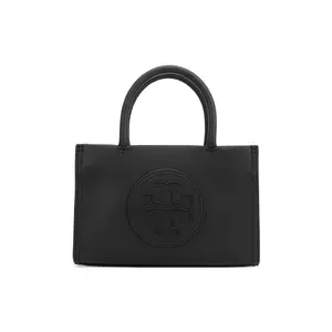 Tory Burch Ella Mini Leather Tote Bag with Magnetic Snap and Adjustable Detachable Strap for Women in Black