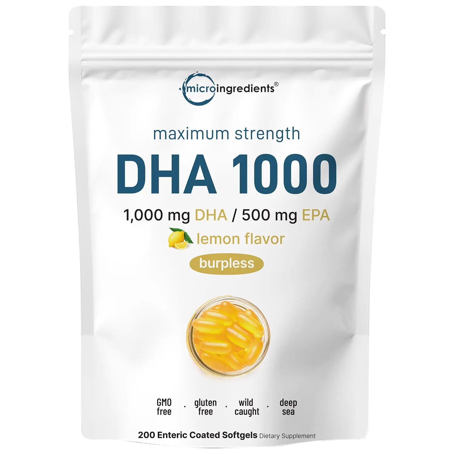 Micro Ingredients Omega 3 Fish Oil DHA Supplements 1000mg with EPA 500mg, 200 Softgels – Lemon Flavored