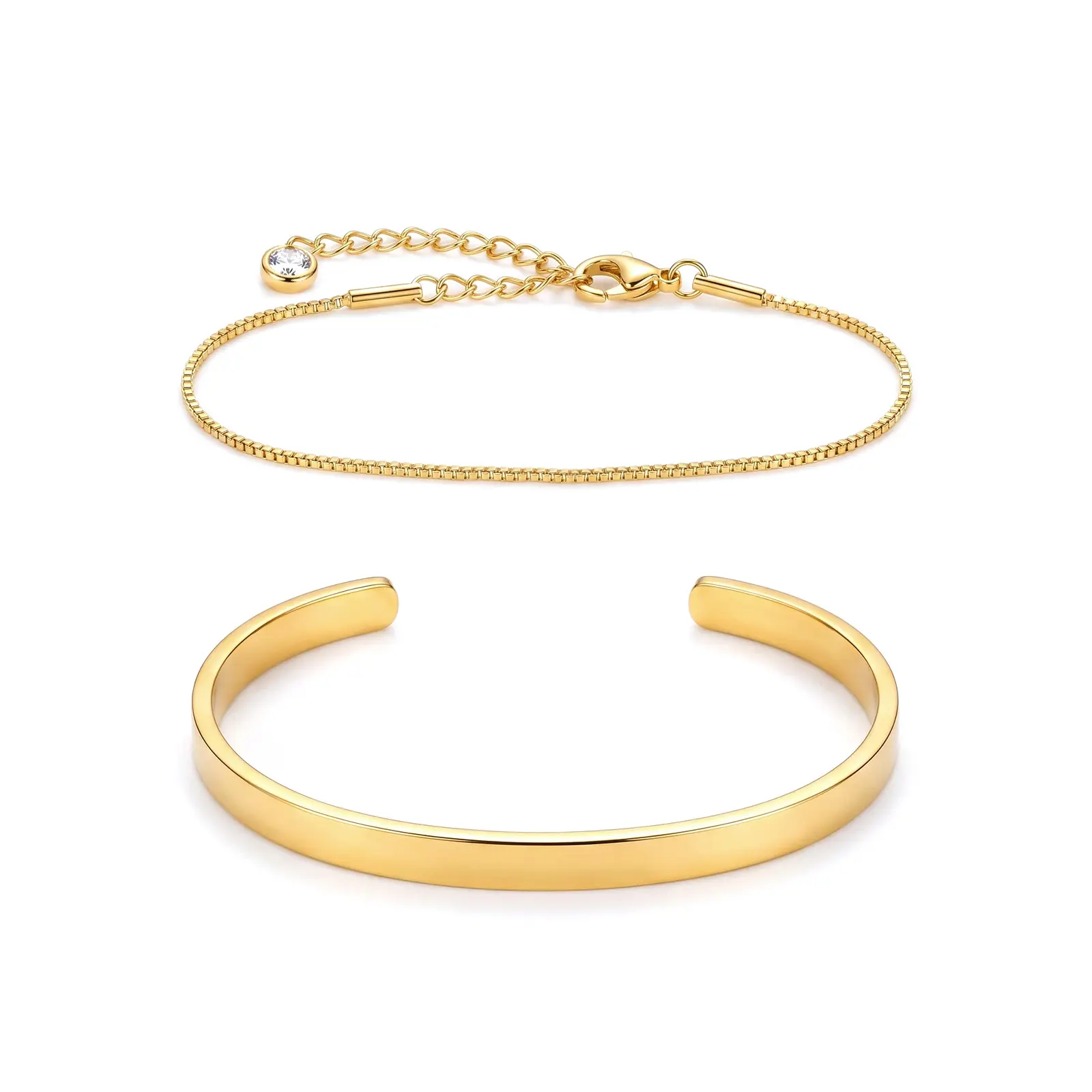 2Pcs Stackable Gold Bracelet Set for Men Women, Plain Open Cuff Bangle & Thin Box Chain Bracelet, Minimal Vintage Layering Daily Unisex Jewelry