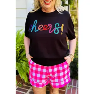 Black Plus Size Cheers Glitter Script Short Sleeve Sweater
