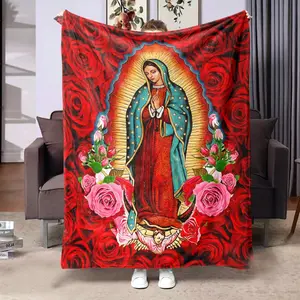 Virgin Mary Themed Soft Warm Throw Blanket - Floral Bedding Supply for Home, Office Use