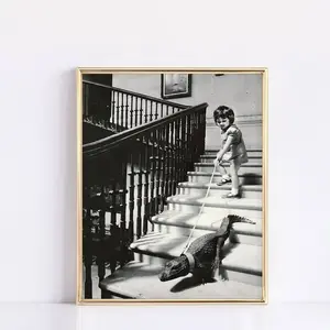 Girl Walking Baby Crocodile on Leash Wall Art, Black and White Vintage Photo, Oddities, Retro Print, Funny Poster Gift, Entry Room Decor