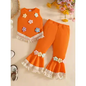 Length: Refers to the Back Length. Girls' Waffle Knit Vest and Pants Set for 0-3 Year Old Girls. Casual Appliqué Tassel Vest + Flared Pants Set. Suitable for Summer Wear. Sweet and Eye-catching Children's Set, Perfect for Outdoor