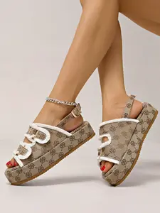 Women's Thick Sole Fashion Sandals, Patterned Fur Trimmed Slip-On Flats, Back Strap Buckle Design, Fabric Upper Comfort Shoes, Buckle Decorated Slides