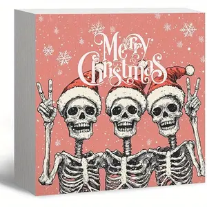 Gothic Christmas Decor, Funny Skeleton Santa Christmas Wooden Box Sign, FunnyChristmas Decorations, Santa Hat Wood Signs for Home Office Desk Shelf Table Decor, 5x5 Inch (Pink)